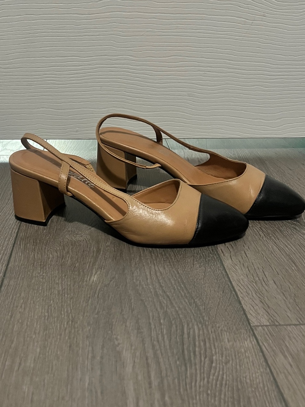 Two-Tone Slingback Block Heel Pumps - Tan and Black